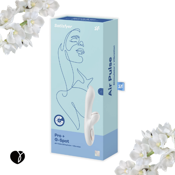 Satisfyer Air Pulse packaging with floral decorations on a light background