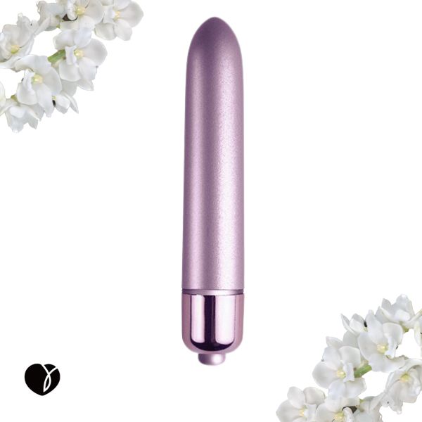 Close-up of purple waterproof vibrator with built-in controller and rigid design