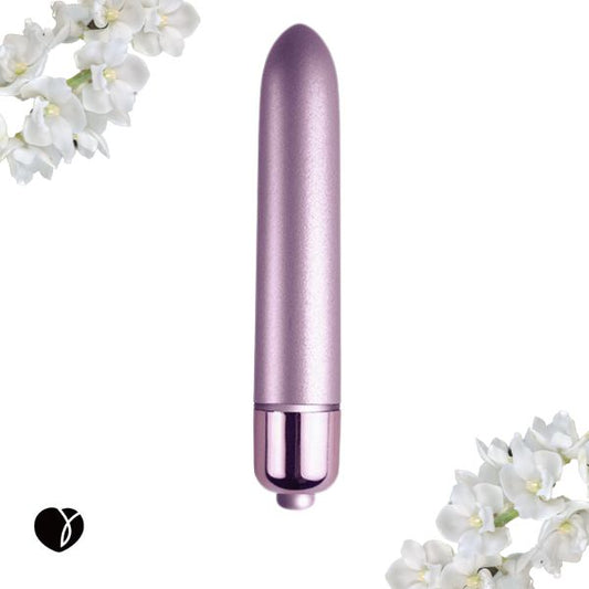 Close-up of purple waterproof vibrator with built-in controller and rigid design
